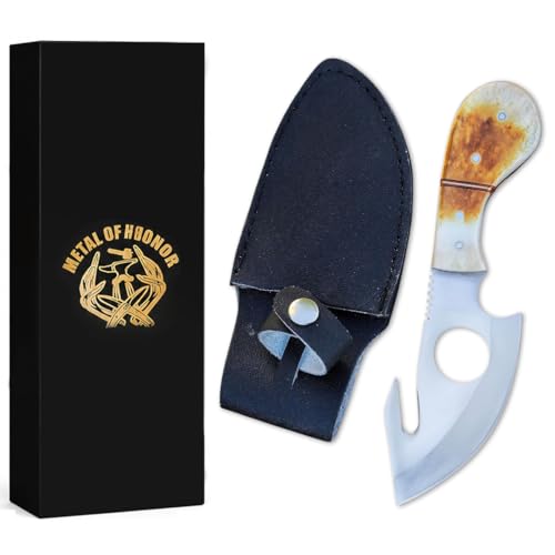 Fixed Blade Skinning Knife with Gut Hook, Handmade Full Tang Hunting Knife with Bone Handle & Leather Sheath for Hunting, Camping, Outdoor Survival, Deer Skinning, Bushcraft, Tactical & Fishing Use