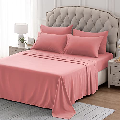 Sleep Zone Super Soft Cooling King Bed Sheets Set 4 Piece - Easy Care Fitted Flat Sheet & Pillowcase Sets - Wrinkle Free, Fade Resistant, Deep Pocket 16" (Coral, King) #TOP3
