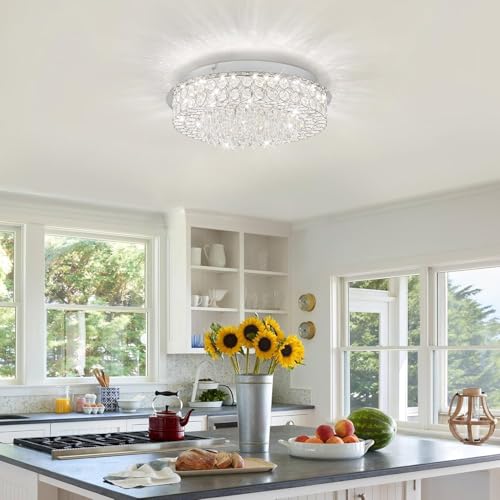 Image of Modern Crystal Ceiling Light | 63W LED Chandelier /Jhoomer | Stainless Steel Pendant Lighting Fixture | 13 Inch | Warm White | Living Room, Hall, Bedroom & Dining Room