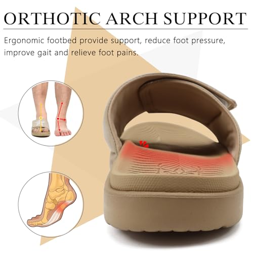 Image of KuaiLu Mens Athletic Slides Wide Adjustable Arch Support Sport Sandals | Soft Cushioned Open Toe Summer Slippers for Plantar Fasciitis Slip On House Shoes Indoor Outdoor