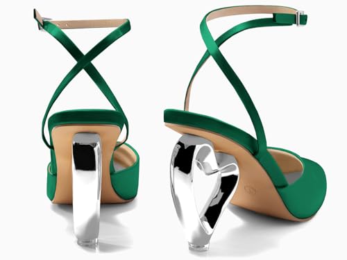 Image of Coutgo Womens Kitten Heels Closed Pointed Toe Heart Heel Ankle Strap Satin Pumps Wedding Prom Dress Valentine Shoes