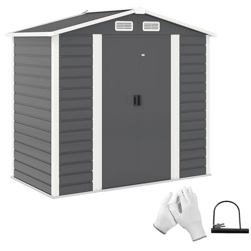 Outsunny Caseta de Jardín Exterior 2,36m² 213x120x194 cm Cobertizo de Jardín Exterior con Base Refuerzo (Suelo NO Incluido) Puertas Correderas Dobles Candado Ventanas Gris Oscuro