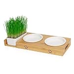 Futterstation mit Katzengras für Katzen - Katzennapf/Futternapf aus Porzellan - erhöhtes Napf-Set mit Katzengrasschale - Fressnapf hoch
