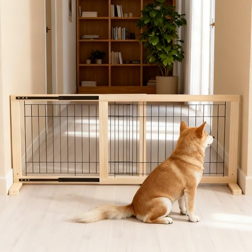 Oapety ペットゲート 犬 柵 高さ50CM 伸縮幅約85～155cm 木製 ベットフェンス 置くだけ柵 室内 飛び出し防止柵 脱走防止 中小型犬用 スムーズ ガイドレール付き