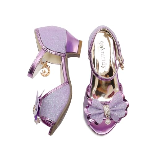 Image of Amtidy Girls Glitter Bow Low Heel Princess Shoes, Mary Jane Ankle Strap Dress Pumps for Wedding Birthday Party Performance