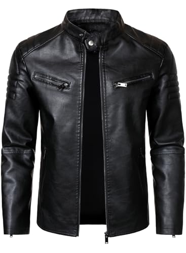 HOOD CREW Men’s Faux Leather Motorcycle Jackets Stand-up Collar Leather Jacket Vintage Coats Outwear Black M