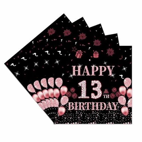 ParPix 20 Stück Servietten 13 Geburtstag Mädchen, 33x33cm Schwarz Roségold Teenager Papierservietten, Servietten Geburtstag 13 Jahre Mädchen, Papierservietten Teenager Geburtstagsdeko 13 Jahre