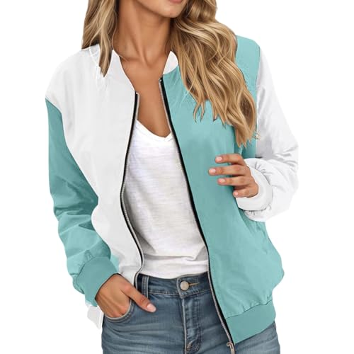 Chaqueta Mujer Primavera Chaqueta Deportiva Informal de Manga Larga Corta y Holgada con Cremallera y Diseño de Bloques de Colores para Actividades Exteriores Trabajo y Uso Diario (Mint Green, XS)