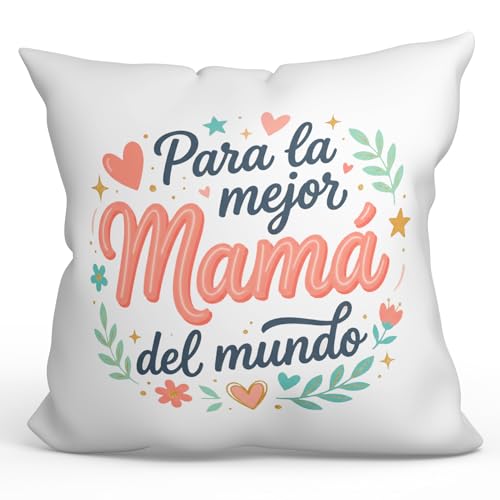 MUGFFINS Almofada com enchimento presente mãe | para a melhor mãe do mundo em espanhol | 40 x 40 cm poliéster macio | ideia original para oferecer | progenitores v4