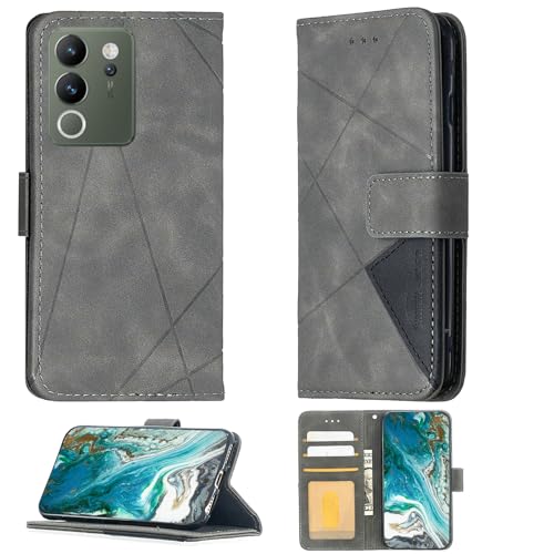 Aroepurt Case Compatible for Vivo V30 Lite 4g Phone Case Cover [with Tempered Glass Screen Protector] Flip Stand Cover PU Leather Wallet Case Grey