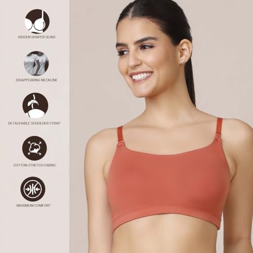 Image of NYKD Easy Breezy Slip-On Bra (Pack of 2) - Black & Carrot (M) | Ultra-Soft, Adjustable Fit, No-Roll Bottom Band, Trendy & Comfortable