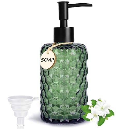 500ml Seifenspender Glas Soap Dispenser für Bad, Wabendesign Spülmittelspender für Küche, Moderne Pumpspender mit Hölzerne Etiketten, Schwarz Kunststoffpumpe und Trichter, Flüssigseifenspender (Grün)