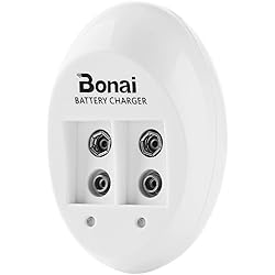 Cargador Y Pilas Recargables 9V BONAI Cargador de 9V Plias, Cargador de Pilas para 9V Rechargeable Litio & Ni-MH batería, Carga Independiente - 2 Ranuras