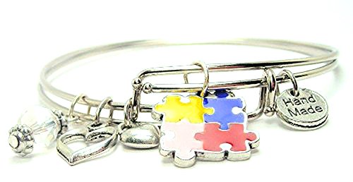 Autism Painted Puzzle Pieces Adjustable Wire Bangle Charm Bracelet