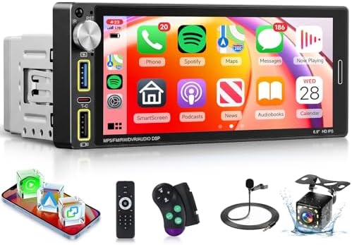 Single Din Carplay Car Radio with Wireless Carplay Android Auto, Hodozzy 6.9 inch 1 Din Touchscreen Car Stereo Support Bluetooth 5.2 FM Radio Type-C USB Fast Charge Mirrorlink EQ SWC Backup Camera
