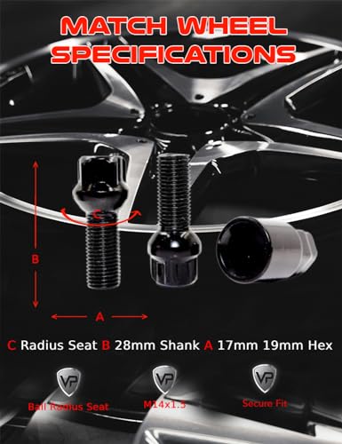 Set of 4 Veritek 14x1.5mm 2.10 Inch 28mm Shank Length 19mm 21mm Key Hex R12 OE Black Ball Seat Wheel Bolt Locks for Mercedes Audi VW Volkswagen Factory Wheels