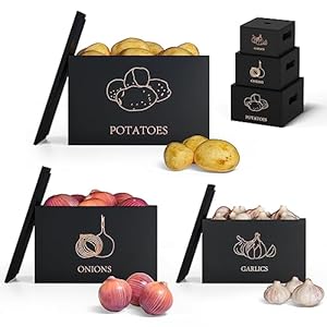 DALSHABET Potato and Onion Storage Bins, Premium Pantry Organizers and Storage, Bamboo Vegetable Garlic Keeper Solutions for an Organized Kitchen Black