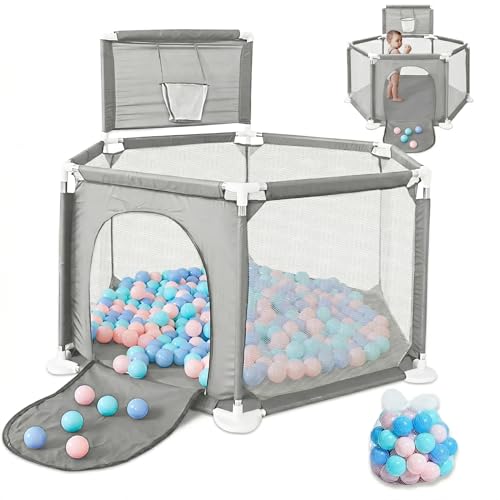 JUPPLIES Parque Infantil Bebe 127x127cm Hexagonal – Corralito Bebe con Malla Transpirable – Parque de Juegos Bebe con Puerta Lateral – Playpen Bebe   Parque con Canasta y Pelotas