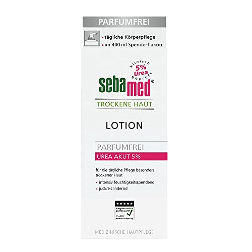 SEBAMED Trockene Haut Urea Akut 5% 400 ml Lotion parfumfrei, Feuchtigkeits-Lotion mit Süßmandelöl für Männer und Frauen, lindert spürbar Juckreiz und hilft sehr trockene Haut zu glätten