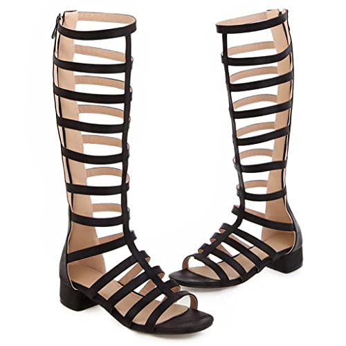 MIOKE Women's Gladiator Knee High Flat Sandals Buckle Strappy Studs Open Toe Zip Summer Wide Caged Boots2
