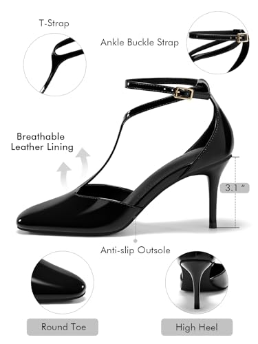 Coutgo Women's Stiletto High Heels T-Strap Round Toe Ankle Buckle Strap Pumps Wedding Dress Shoes4