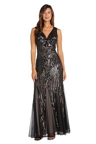 R&M Richards Long Beaded Dress W/Contrast Lining, V-Neckline & Godet Skirt