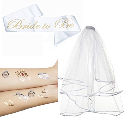 Bridal Shower Set 2 Tier Veil,Bride to Be Satin Sash, Temporary Tattoos for Bachelorette Party Decorations