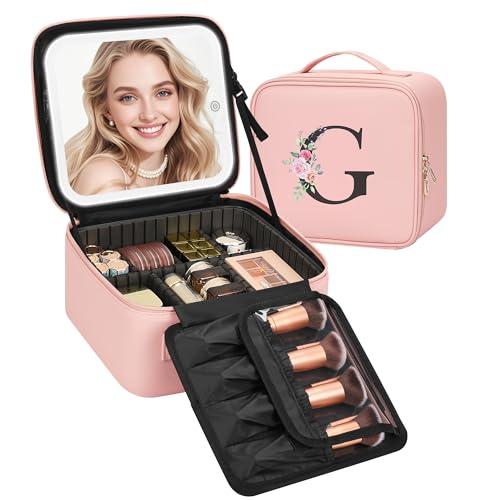 Relavel Initial Makeup Bag with LED Mirror for Women Girls, Personalized Travel Cosmetic Organizer Train Case, Birthday Gifts for Grandkids Bridesmaid Graduation Teacher Friends, Trendy Stuff, Pink G