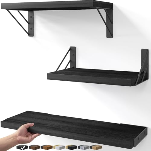 BAYKA Wall Mounted Floating Bathroom Shelves, Wood, Black, Set of 3, 16in