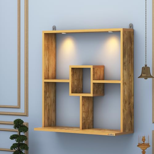 Image of Anikaa Shelly LED Light Wall Mounted Hanging Puja Temple Shelf Stylish Wood God Stand for Pooja Room Mandir Stand for Temple (Giantwood) D.I.Y (Giantwood)
