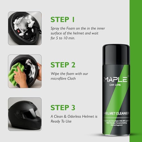 Image of Maple Helmet Cleaner Spray 100ml | Foam Based Helmet Cleaning & Deodorizer | Removes Sweat, Odor & Germs | Safe for Helmet Inner Padding & Visor | Helmet Interior Cleaner | Bike Helmet Cleaning Spray