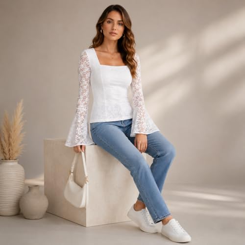 Image of Women's White Lace Top with Bell Sleeves | Square Neck Fitted Blouse | Elegant Long Sleeve Floral Lace Top for Casual Wear, Party, Date Night & Going Out