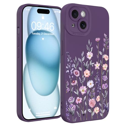 Image of Designed for iPhone 15 Case Flower for Women Girls, Dark Purple | Cute Floral Pattern Liquid Silicone Phone Case [Full Camera Protection] Slim Soft TPU Protective Cover