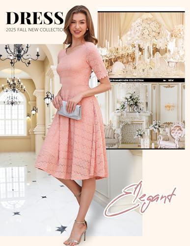 Image of Dressystar Women's Short Sleeve Lace Wedding Guest Dress V Neck A Line Formal Cocktail Evening Party Dresses 2025