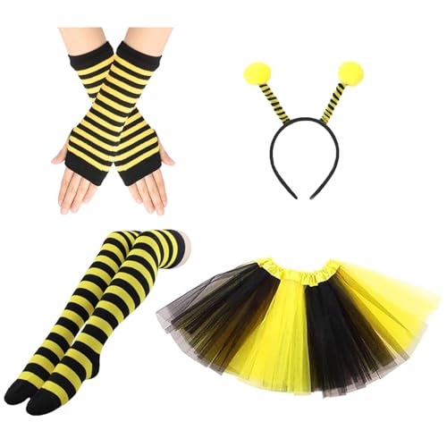 Kostüm Damen Biene Fasching: 4 Stücke Warm Bienen Kostüme Tiere Fastnacht Kostüms mit Haarreif Strümpfe Tüllrock Handschuhe für Erwachsene Kinder Frauen Mädchen