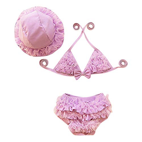 Toddler Baby Girl Swimsuit Bikini Bathing Suit Halter Triangle Tops Ruffle Shorts with Hat Swimwear Summer Beach Outfit Purple