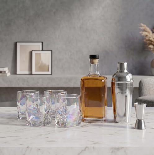 Image of Car-O-Bar Silver Bar Set with Glasses Gift Set | 7 Pieces Bartender Kit:Cocktail Shaker, Jigger,Ice Tong, Set of 4 Whiskey Glasses