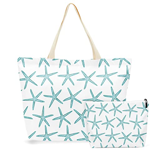 Tote Bag Makeup Bag Starfish Decor Beach Bag Ocean Sea Animals Starfish Story Birthday Christmas Gifts For Women Girls Best Friend Sister Waterproof Tote Bag With Zipper Cosmetic Bag Set Of 2 #TOP7