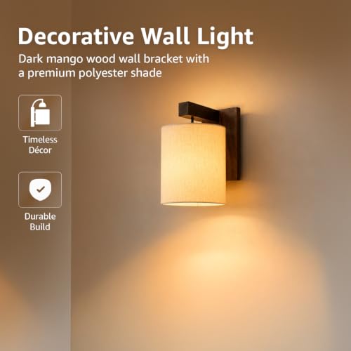 Image of Amazon Basics Deewar Sunset Wall Lamp | Wooden Bracket with Cream Fabric Shade | E14 Holder | Decorative Wall Light for Bedroom, Living Room, Hallway & Home Decor