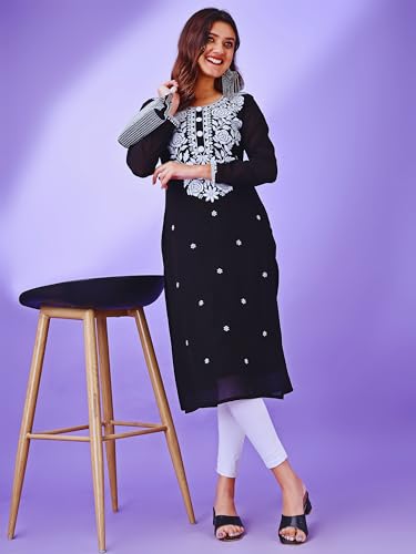 Image of HESVI Women's Georgette White Lakhnavi Chikankari Kurti with Intricate Embroidery Work