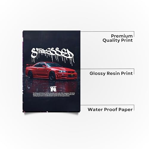 Image of Stylish Nissan GT-R R34 Poster A4 Size - Street Art Graffiti Car Wall Decor | JDM Sports Car Print | Aesthetic Automotive Wall Art for Room & Office (Design 12)