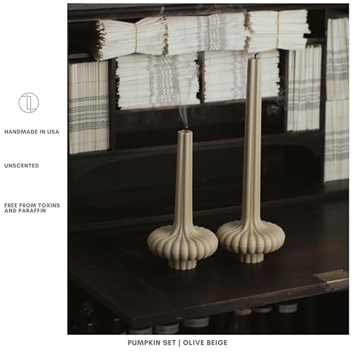 LAWA-Set-of-2-Pumpkin-Base-Candle-Beautiful-Handmade-Pillar-Unscented-Soy-Wax-Elegant-Aesthetic-Vase-Candle-Housewarming-Gift-Home-Room-Shelf-Decor-Idea-Olive-Beige LAWA Set of 2 Pumpkin Base Candle Beautiful Handmade Pillar Unscented Soy Wax Elegant Aesthetic Vase Candle Housewarming Gift Home Room Shelf Decor Idea Olive Beige