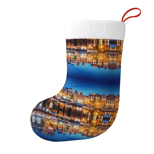QAZWZML Amsterdam Night View - Medias decorativas de Navidad estampadas, adecuadas para fiestas familiares y decoraciones de chimenea