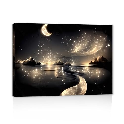 Galmcook Leinwand Bilder mit Rahmen – Wandbild 30x40 cm Mondlicht Landschaft mit Sternen, Kunstdruck auf Leinwand, Wandbilder Modern für Wohnzimmer oder Schlafzimmer, mit Haken und ohne Spuren Nägeln