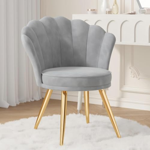 Daluvenix Velvet Upholstered Accent Chair with Gold Metal Legs – Makeup Vanity Chair, Guest Chair for Living Room & Bedroom, Grey