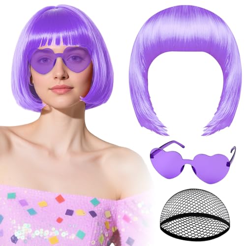 PLULON Light Purple Bob Wig with Heart Glasses Hair Cap Neon Colored Wig