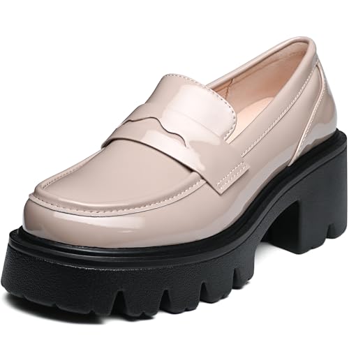 Nude Platform Penny Loafers for Women, Chunky Heel Dress Shoes