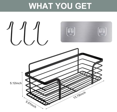 Image of Boniry Adhesive Shower Organizer with 3 Hooks /No Drilling Wall Mounted Rustproof Stainless Steel Shower Shelf /SUS 304 Stainless Steel Organization for Bathroom Rack (35L X 12W X 12H CM, Black)