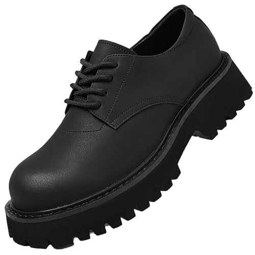 Men's Black Leather Platform Block Heel Oxford Shoes Classic Wide Round Toe Lace Up Comfort Anti-Slip Lug Sole Chunky Heel Derby Shoes for Wedding Party Business Office Work