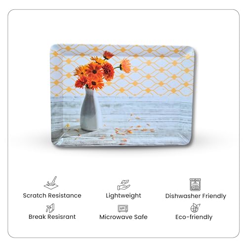 Image of Printed Rectangular Melamine Serving Tray| Tray for Serving Tea, Coffee, Snacks | Break Resistant| Double Laminated | Multi-use | Easy to Clean| | Tray Set of 3 (Small, Medium, Large)(Flower vase)